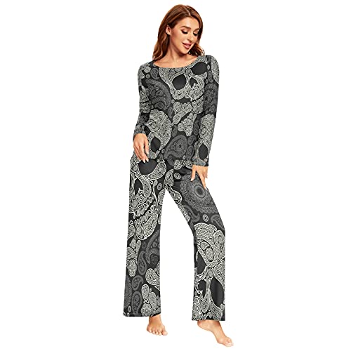 Mnsruu Pyjama-Set für Damen, mit Totenkopf-Motiv, Paisleymuster, 2-teilig, langärmelig, Nachtwäsche, Lounge-Sets, mehrfarbig, 36 von Mnsruu