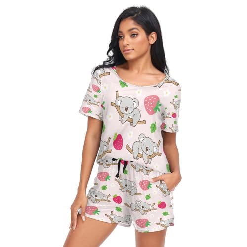 Mnsruu Pyjama für Damen, Koala Erdbeere Blume Kurz Pjs Set Nachtwäsche, A001207, 46 von Mnsruu