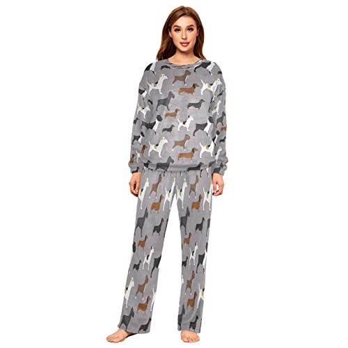 Mnsruu Retro Dackel Hund Flanell Pyjama-Set für Damen, 2-teilig, langärmelig, Nachtwäsche, Lounge-Sets, mehrfarbig, 36 von Mnsruu