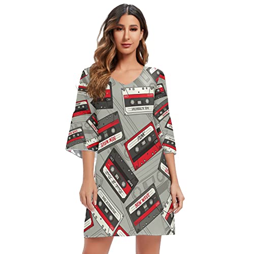Mnsruu Retro Kassette Musik Damen Casual Chiffon Minikleid 3/4 Ärmel V-Ausschnitt, mehrfarbig, XL/XXL von Mnsruu
