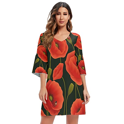 Mnsruu Retro Poppy Flower Marienkäfer Damen Casual Chiffon Minikleid 3/4 Ärmel V-Ausschnitt, mehrfarbig, M-L von Mnsruu