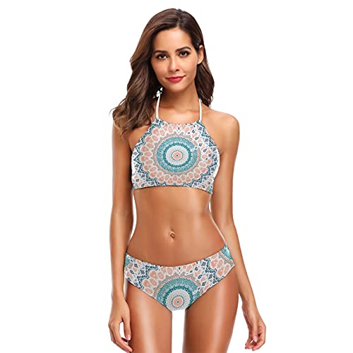 Mnsruu Rosa Blau Indische Mandala Ethnische Floral Damen Neckholder Bikini Bademode Hohe Taille Gepolstert 2 Stück Gr. S / M, mehrfarbig von Mnsruu