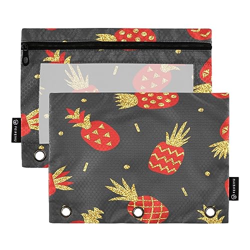 Mnsruu Rote Ananas mit goldenem Glitzer, 3-Ring-Bleistiftbeutel mit Reißverschluss, transparentes Fenster, Schreibwarentasche zur Aufbewahrung von Schul- und Bürobedarf, 2 Stück, mehrfarbig, von Mnsruu