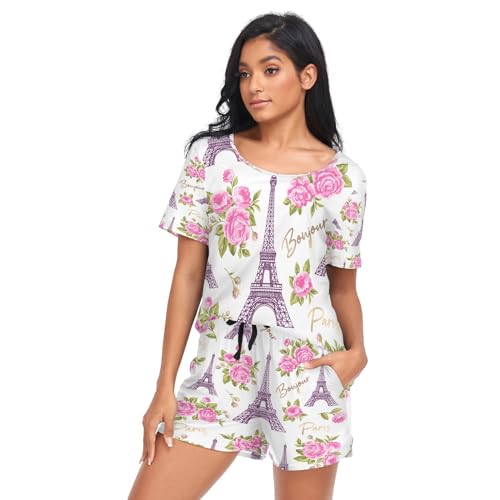 Mnsruu Schlafanzug für Damen, Bonjour Paris Eiffelturm Rosa Rosen Blumen Kurz Pjs Set Nachtwäsche, A00368, 36 von Mnsruu