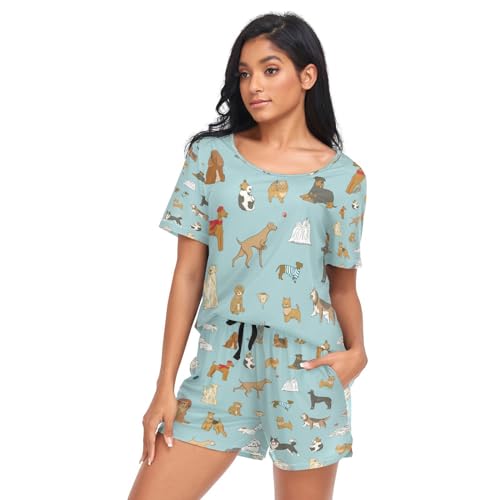 Mnsruu Schlafanzug für Damen, Hunde, lustig, Haustiere, kurzes Pyjama-Set, Nachtwäsche, A00895, 42 von Mnsruu