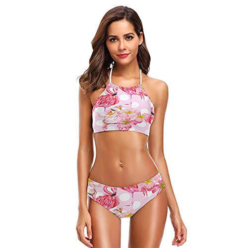 Mnsruu Schöner Flamingo Bird Polka Dot Damen Neckholder Bikini Bademode Hohe Taille Gepolstert 2 Stück Gr. Large/X-Large, mehrfarbig von Mnsruu