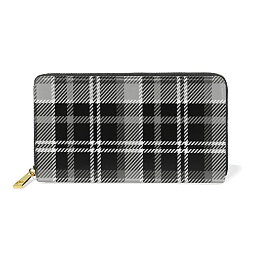 Mnsruu Schwarz Weiß Karierter Tartan Kariert Damen Brieftasche Reißverschluss Geldbörse Echtes Leder Geldbeutel Telefon Kreditkartenetui Portemonnaie für Frauen Mädchen von Mnsruu
