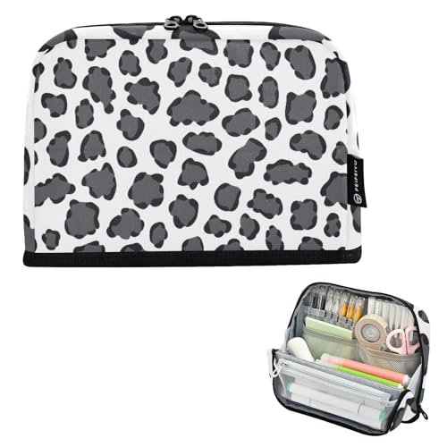 Mnsruu Schwarzes und weißes Leopardenmuster, Stehendes Federmäppchen, großes Fassungsvermögen, Stifteetui für Jungen und Mädchen, mehrschichtiges Stifteetui, Stifthalter, Schreibwaren-Organizer für von Mnsruu