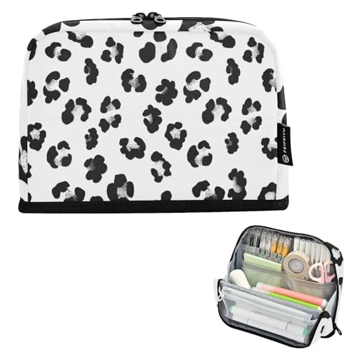 Mnsruu Schwarzes und weißes abstraktes Druckmuster, Stehendes Federmäppchen, großes Fassungsvermögen, Stifteetui für Jungen und Mädchen, mehrschichtiges Stifteetui, Stifthalter, Schreibwaren-Organizer von Mnsruu