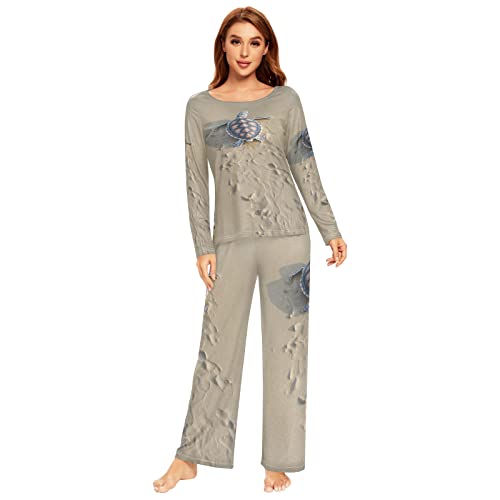 Mnsruu Sea Turtle Sand Beach Pyjama-Set für Damen, 2-teilig, langärmelig, Nachtwäsche, Lounge-Sets, mehrfarbig, 48 von Mnsruu