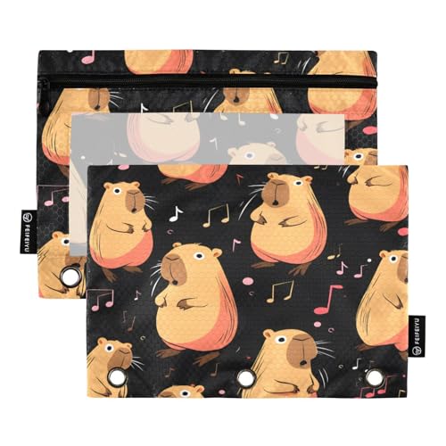 Mnsruu Singing Capibala-Muster Federmäppchen für 3-Ringbuch mit Reißverschluss, 2 Stück, Federmäppchen mit transparentem Fenster, Kosmetiktasche für Büro, College, Zubehör, Mehrfarbig, Einheitsgröße von Mnsruu