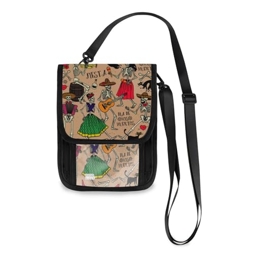 Mnsruu Skeletons Day of the Dead Dia De Los Muertos Reisebrieftasche Reisepasshülle Kreditkartenetui Tasche Unisex Crossbody Wallet Travel Neck Wallet mit verstellbarem Riemen, #01, Einheitsgröße, von Mnsruu