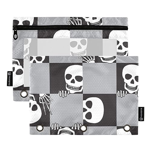 Mnsruu Skelett-Halloween-Bleistiftbeutel für 3-Ringordner, 2 Stück, wasserdichte Federmäppchen, transparentes Fenster, Reißverschluss, Schule, Büro, A387, 25x18cm, Pack-Organizer von Mnsruu