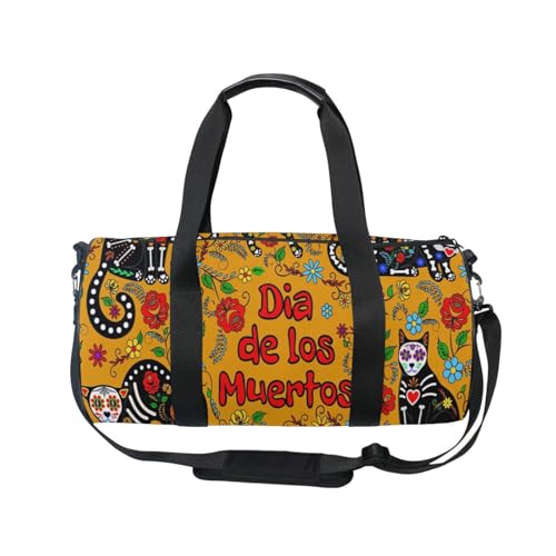 Mnsruu Sporttasche mit Schultergurt für Damen und Herren, orangefarbener Hintergrund mit Calavera-Katzen und Zucker, Ski-Reisetasche, Trainingstasche mit Schuhfach für Übernachtung, Wochenende, #01, von Mnsruu