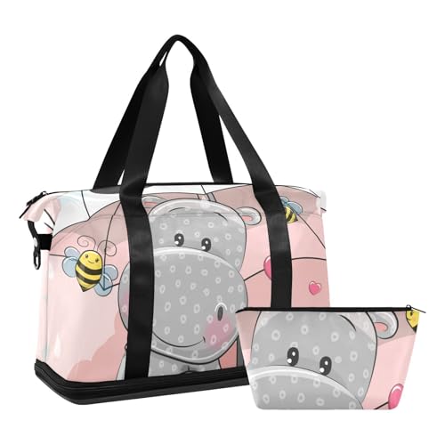 Mnsruu Sporttasche mit niedlichem Nilpferd und zwei Bienen mit Regenschirm, #04, Einheitsgröße, modisch von Mnsruu