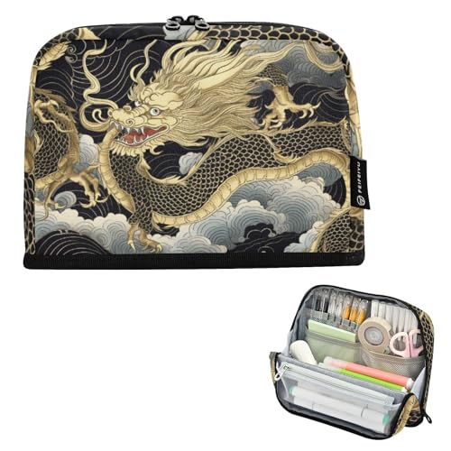 Mnsruu Stehendes Federmäppchen mit Drachen-Motiv, großes Fassungsvermögen, für Jungen und Mädchen, mehrschichtiges Stifteetui, Stifthalter, Schreibwaren-Organizer für Schule, Büro, Arbeit, Schwarz von Mnsruu