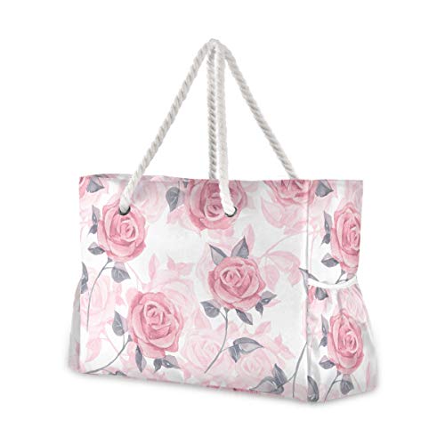 Mnsruu Strandtasche XXL, Rosa Rosen Schultertasche, Strandtasche, Baumwollseilgriffe, Reisetasche für Damen von Mnsruu