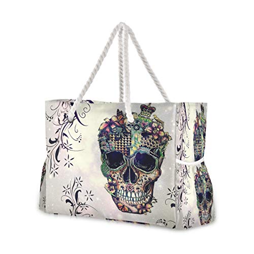 Mnsruu Strandtasche XXL Art Totenkopf Schulter Strand Tote Baumwolle Seil Griffe Reise Tote Tasche für Frauen von Mnsruu