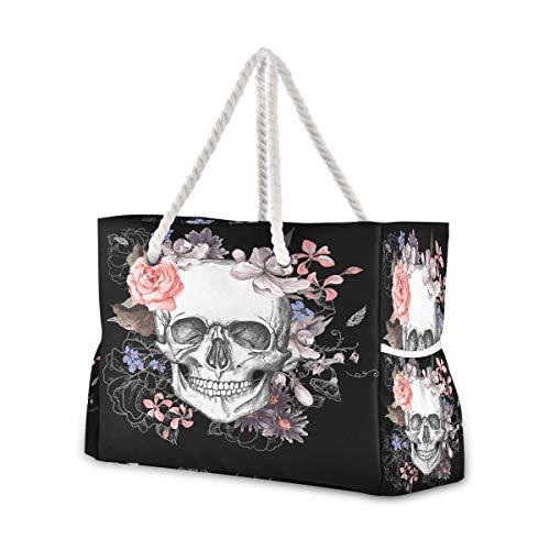 Mnsruu Strandtasche XXL Day of the Dead Skull Schulter Strandtasche Baumwolle Seil Griffe Reise Tote Tasche für Frauen von Mnsruu