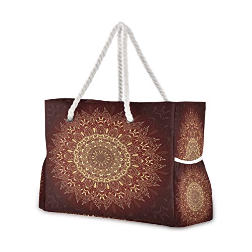 Mnsruu Strandtasche XXL, indischer Lotus, Schultertasche, Baumwollseilgriffe, Reisetasche für Damen, mehrfarbig, Einheitsgröße von Mnsruu