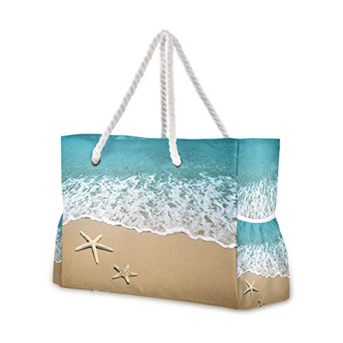 Mnsruu Strandtasche XXL, Seestern am Strand, Sand-Schultertasche, Strandtasche, Baumwollseilgriffe, Reisetasche für Damen, mehrfarbig, Einheitsgröße von Mnsruu