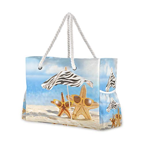 Mnsruu Strandtasche XXL Sommer Seestern Schulter Strand Tote Baumwolle Seil Griffe Reise Tote Tasche für Frauen von Mnsruu