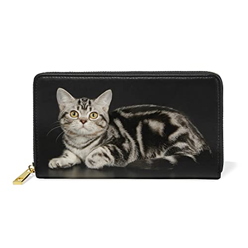 Mnsruu Süßes Schwarzes Katzenkätzchen Damen Brieftasche Reißverschluss Geldbörse Echtes Leder Geldbeutel Telefon Kreditkartenetui Portemonnaie für Frauen Mädchen von Mnsruu