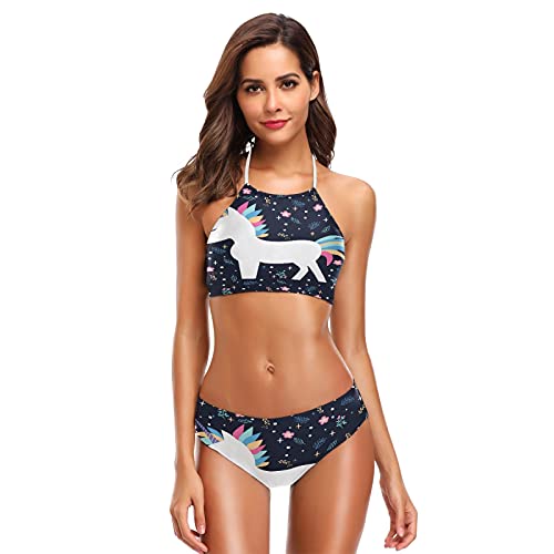 Mnsruu Süßes Tier Einhorn Floral Blossom Damen Neckholder Bikini Bademode Hohe Taille Gepolstert 2 Stück, mehrfarbig, Large/X-Large von Mnsruu