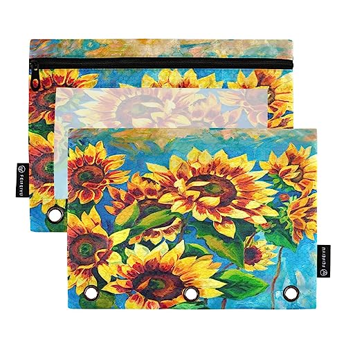 Mnsruu Sunflowers Painting 3-Ring-Bleistiftbeutel mit Reißverschluss, transparentes Fenster, Schreibwaren-Tasche zur Aufbewahrung von Schul- und Bürobedarf, 2 Stück, mehrfarbig, Einheitsgröße, Beauty von Mnsruu