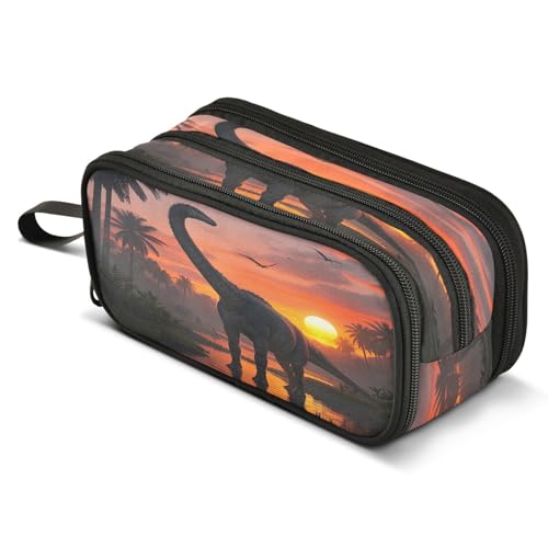 Mnsruu Sunset Dinosaurier-Federmäppchen, großes Fassungsvermögen, Stiftetasche, 3 Fächer, große Stiftebox für Jungen und Mädchen, Schule, Aufbewahrungs-Organizer von Mnsruu