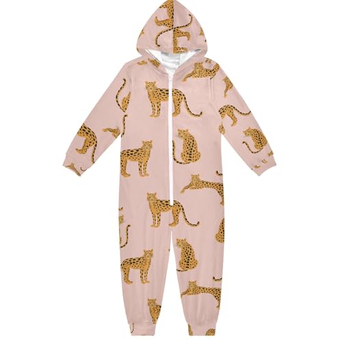 Mnsruu Trendiges Leopardenmuster Kinder Schlafanzug mit Kapuze für 4–14 Jahre Jungen Mädchen Kinder Loungewear Reißverschluss Nachtwäsche All-in-One Schlafanzug Overall Nachtwäsche, Mehrfarbig 01, 6 von Mnsruu