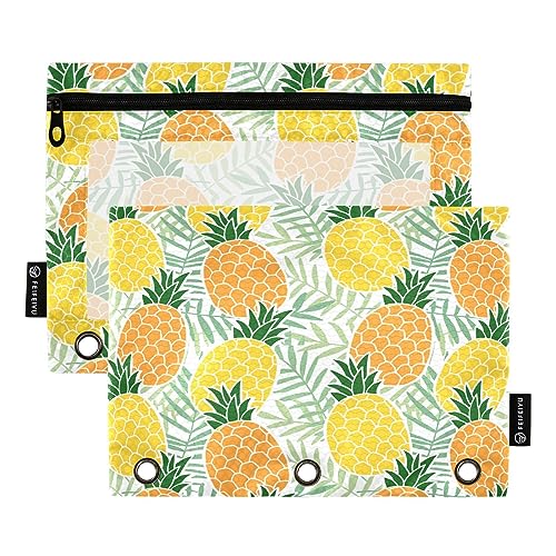 Mnsruu Tropische Ananas-Palmenblätter, 3-Ring-Bleistiftbeutel mit Reißverschluss, transparentes Fenster, Schreibwarentasche zur Aufbewahrung von Schul- und Bürobedarf, 2 Stück, mehrfarbig, von Mnsruu