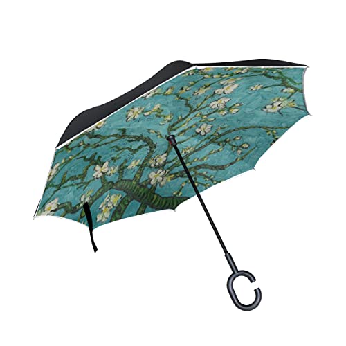 Mnsruu Umgekehrte Regenschirme, Van Gogh Art Mandelblüten Baum Autos Regenschirm Regenschirm mit UV-Schutz, umgekehrt von Mnsruu