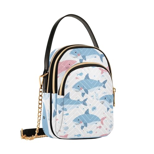 Mnsruu Umhängetasche für Damen, abnehmbare Kette, Handytasche, Schultertasche, Handtasche, Geldbörse, Rosa / Blau, Pink Blue Sea Sharks, Einheitsgröße von Mnsruu