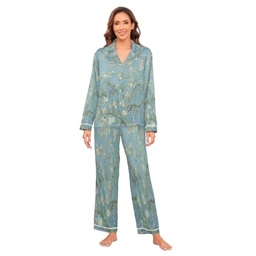 Mnsruu Van Gogh Blumen Aquarell Damen Satin Pyjama Set Langarm Button Down Nachtwäsche, mehrfarbig, L/X-Large von Mnsruu