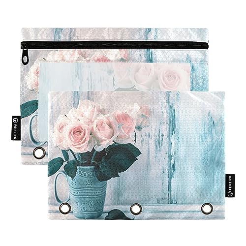 Mnsruu Vintage Pink Rose Flowers 3 Ring Binder Pencil Pouches with Zipper Clear Window Stationery Bag for Storing School Office Supplies, 2 Pack, mehrfarbig, Einheitsgröße, Beauty Case von Mnsruu