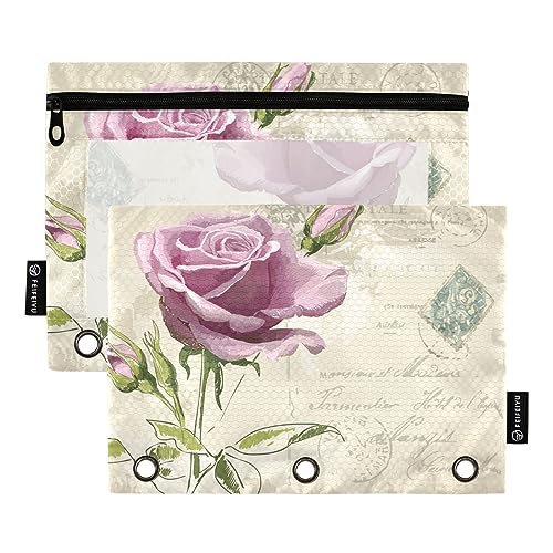 Mnsruu Vintage Schöne Rose Blume 3 Ring Binder Bleistift Beutel mit Reißverschluss Klarsichtfenster Schreibwaren Tasche für Schule Bürobedarf, 2 Stück, mehrfarbig, Einheitsgröße, Beauty Case von Mnsruu