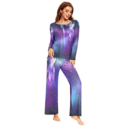 Mnsruu Wolf Starry Pyjama-Set für Damen, 2-teilig, langärmelig, Nachtwäsche, Lounge-Sets, mehrfarbig, 36 von Mnsruu