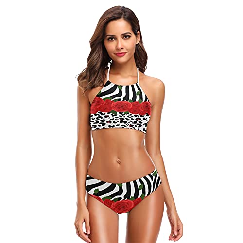 Mnsruu Zebra Rose Leopard Print Damen Neckholder Bikini Bademode Hohe Taille Gepolstert 2 Stück, mehrfarbig, M/L von Mnsruu