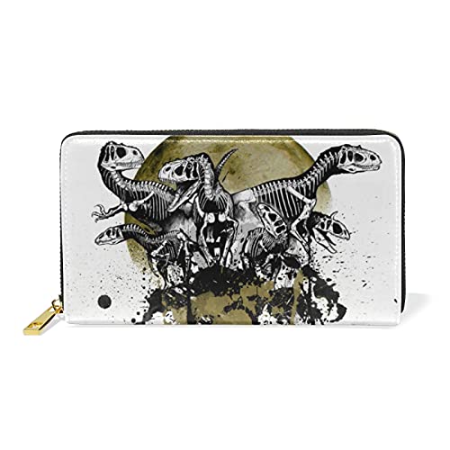 Mnsruu Zuckerschädel Dinosaurier Tier Damen Brieftasche Reißverschluss Geldbörse Echtes Leder Geldbeutel Telefon Kreditkartenetui Portemonnaie für Frauen Mädchen von Mnsruu