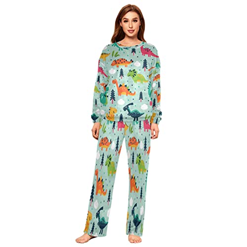 Mnsruu Zweiteiliges Pyjama-Set aus Flanell mit Dinosaurier-Wolken-Motiv für Damen, langärmelig, Nachtwäsche, Lounge-Sets, mehrfarbig, 42 von Mnsruu