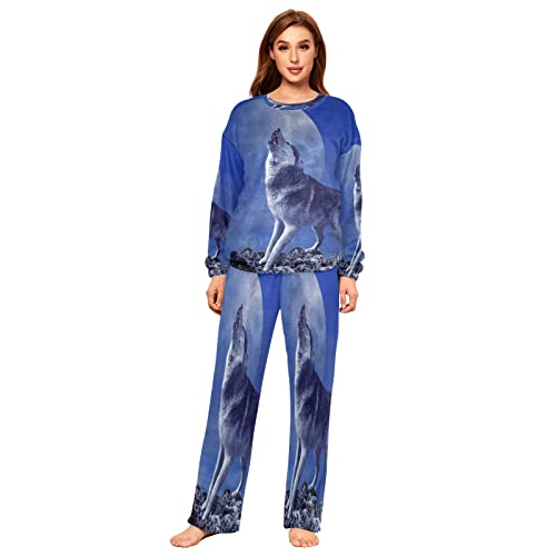 Mnsruu Zweiteiliges Pyjama-Set für Damen, Design: heulender Wolf und Mond, Flanell, langärmelig, Nachtwäsche, Lounge-Sets, mehrfarbig, 46 von Mnsruu