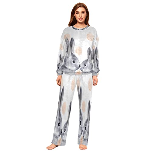 Mnsruu Zweiteiliges Pyjama-Set mit Hasenmotiv und Punkten, Flanell, langärmlig, Nachtwäsche, Lounge-Set, mehrfarbig, 42 von Mnsruu