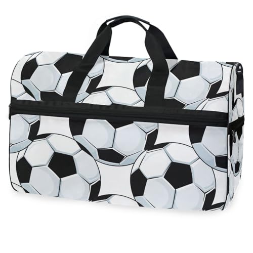 Nahtloses Hintergrundmuster von dicht verpackten schwarzen und weißen Fußbällen oder Fußballbällen 275333138 Reisetasche für Männer, Frauen, Jungen, Mädchen, Teenager, übergroße Sporttasche mit von Mnsruu
