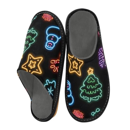 Neon Weihnachtsbaum Schneemann Fünfzackiger Stern Muster Haus Hausschuhe für Damen Herren Warme Hausschuhe Hausschuhe Indoor Outdoor Hausschuhe, Mehrfarbig, 38.5/39 EU von Mnsruu