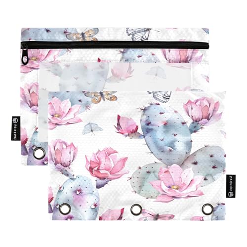 Opuntia Federmäppchen für 3-Ringbuch, Motiv: Kaktus und niedliche Motten und Schmetterlinge, 2 Stück Binder-Federmäppchen mit Reißverschluss, transparentes Fenster, Reißverschluss, Federmäppchen für von Mnsruu