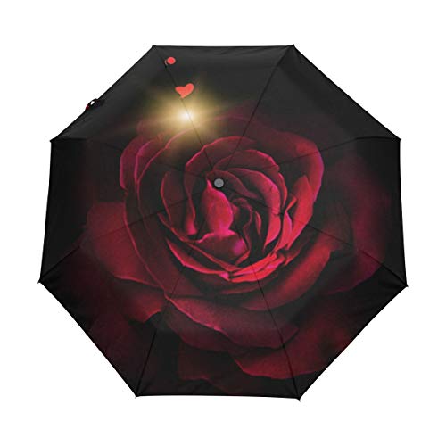 Regenschirm mit roter Rose, faltbar, Winddicht, Regen, automatischer Öffnung, Reise-Regenschirm, UV-Schutz für Damen und Herren von Mnsruu