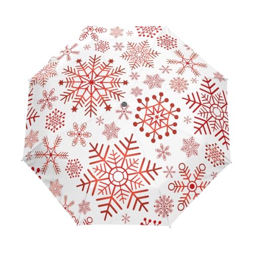 Regenschirm mit weihnachtlichem Schneeflocken-Motiv, kompakt, automatisches Öffnen, Schließen, Reise, winddicht, UV-Schutz, Rot, Mehrfarbig, Einheitsgröße von Mnsruu