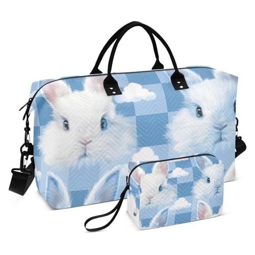 Reisetasche, Motiv: Kaninchen, blau, kariert, mit Aufbewahrungstasche, Wochenendtasche, Übernachtungstasche, für Männer und Frauen, Reisen, Sport, Yoga, Mehrfarbig, Einheitsgröße von Mnsruu
