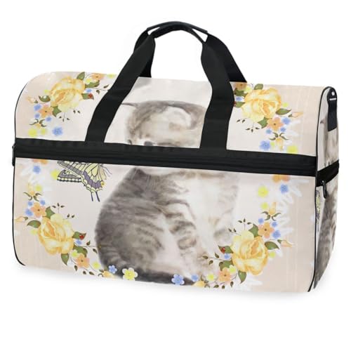 Reisetasche im Vintage-Stil mit flauschigem Kätzchen, Schmetterling, Rosen, für Männer, Frauen, Jungen, Mädchen, Teenager, übergroße Sporttasche mit Schuhfach, für Übernachtung, Wochenende, Yoga, von Mnsruu